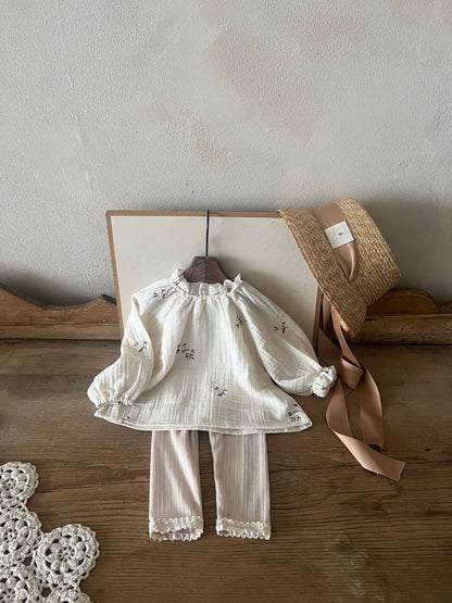 Toddler Gauze Cotton Floral Embroidery Puff Sleeve Top (1 - 6y) - Ivory kids outfit