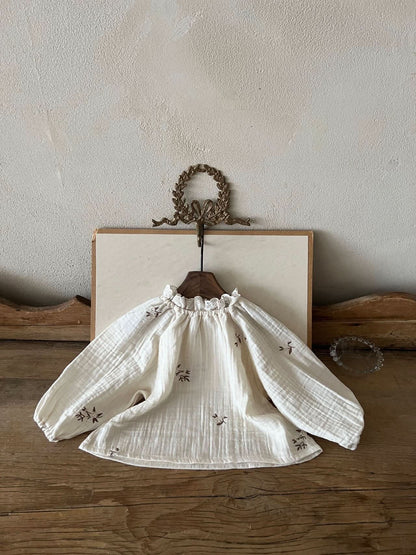 Toddler Gauze Cotton Floral Embroidery Puff Sleeve Top (1 - 6y) - Ivory kids outfit