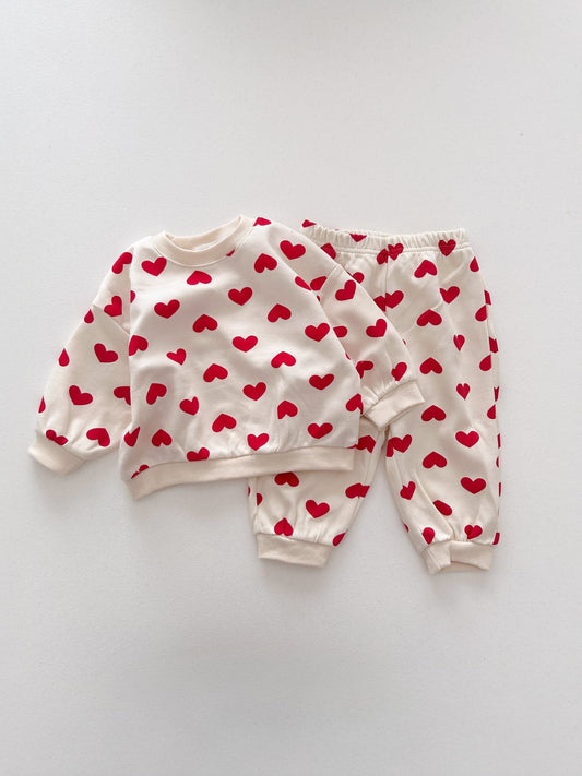 Toddler Heart Print Long Sleeve Sweatshirt and Jogger Pants Set (1 - 6y) - Ivory kids outfit