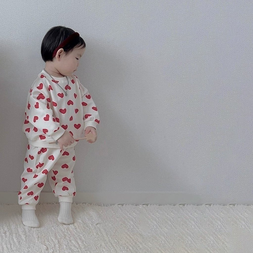 Toddler Heart Print Long Sleeve Sweatshirt and Jogger Pants Set (1 - 6y) - Ivory kids outfit