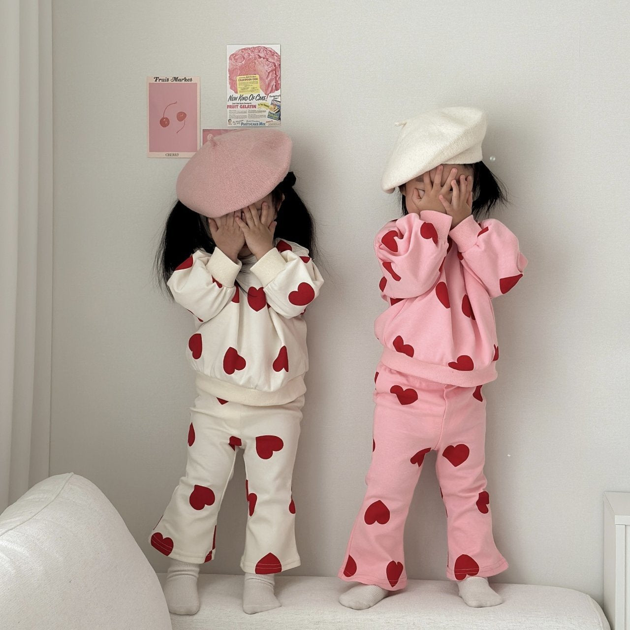 Toddler Heart Print Puff Sleeve Sweatshirt and Flare Pants Set (1 - 7y) - 2 Colors kids outfit