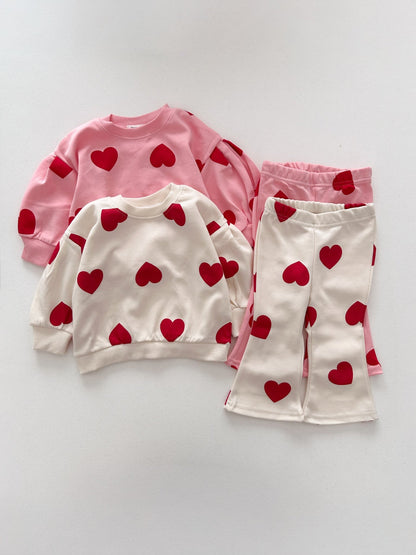 Toddler Heart Print Puff Sleeve Sweatshirt and Flare Pants Set (1 - 7y) - 2 Colors kids outfit
