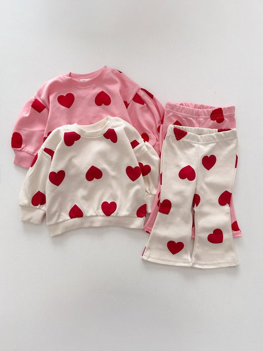 Toddler Heart Print Puff Sleeve Sweatshirt and Flare Pants Set (1 - 7y) - 2 Colors kids outfit