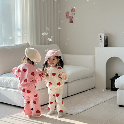 Toddler Heart Print Puff Sleeve Sweatshirt and Flare Pants Set (1 - 7y) - 2 Colors kids outfit