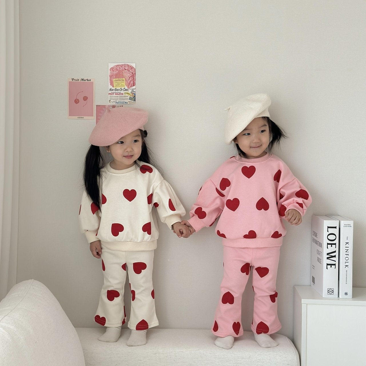 Toddler Heart Print Puff Sleeve Sweatshirt and Flare Pants Set (1 - 7y) - 2 Colors kids outfit