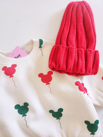Toddler Holiday Mickey Balloon Print Brushed Fabric Long Sleeve Sweatshirt and Jogger Pants Set (1 - 2y) - Cream kids outfit