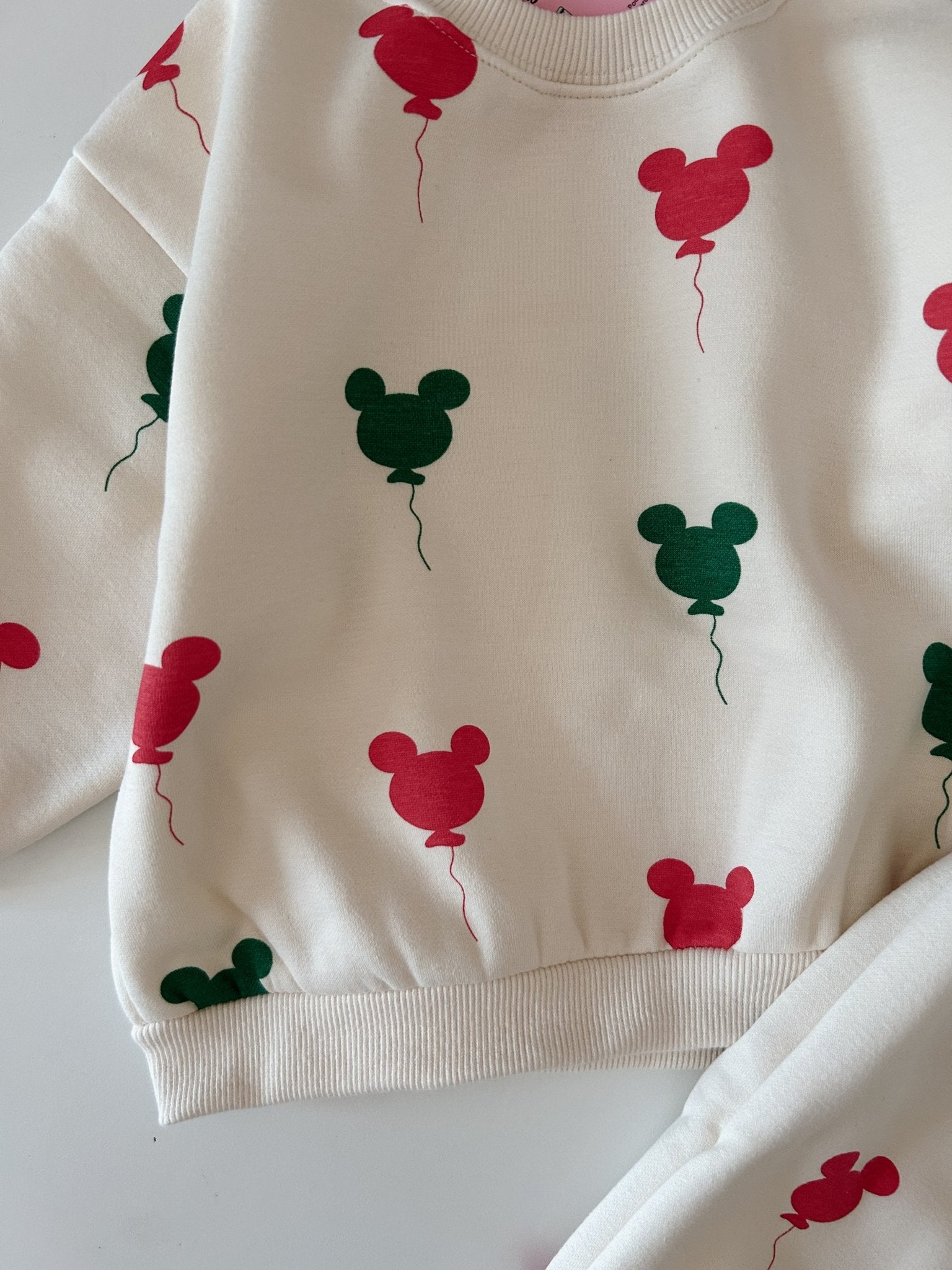 Toddler Holiday Mickey Balloon Print Brushed Fabric Long Sleeve Sweatshirt and Jogger Pants Set (1 - 2y) - Cream kids outfit