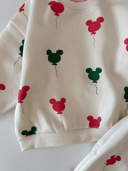 Toddler Holiday Mickey Balloon Print Brushed Fabric Long Sleeve Sweatshirt and Jogger Pants Set (1 - 2y) - Cream kids outfit