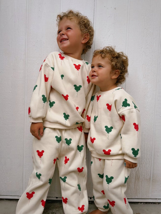 Toddler Holiday Mickey Balloon Print Brushed Fabric Long Sleeve Sweatshirt and Jogger Pants Set (1 - 2y) - Cream kids outfit