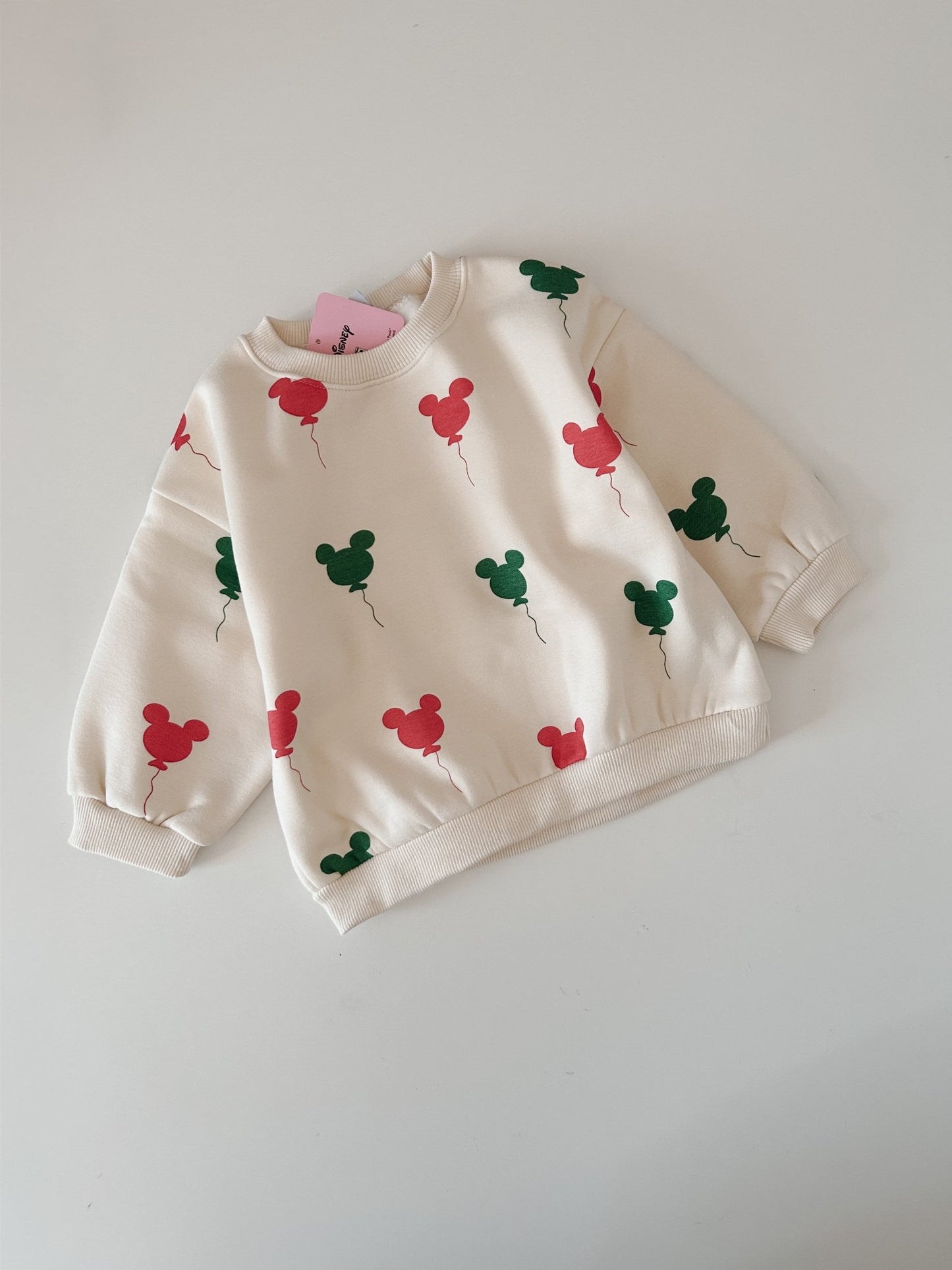 Toddler Holiday Mickey Balloon Print Brushed Fabric Long Sleeve Sweatshirt and Jogger Pants Set (1 - 2y) - Cream kids outfit