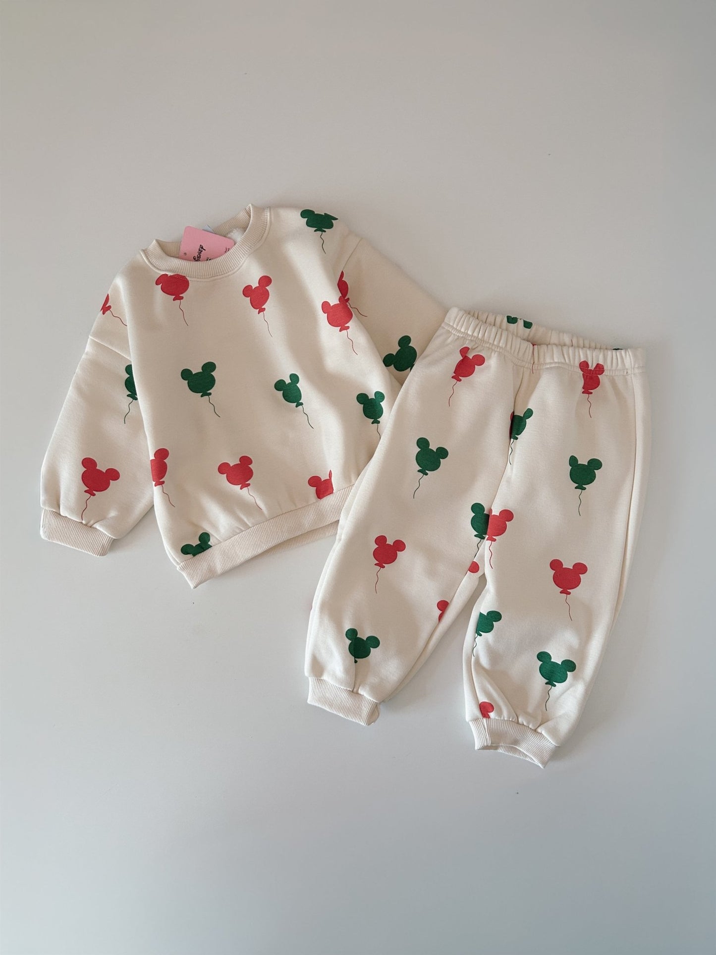 Toddler Holiday Mickey Balloon Print Brushed Fabric Long Sleeve Sweatshirt and Jogger Pants Set (1 - 2y) - Cream kids outfit