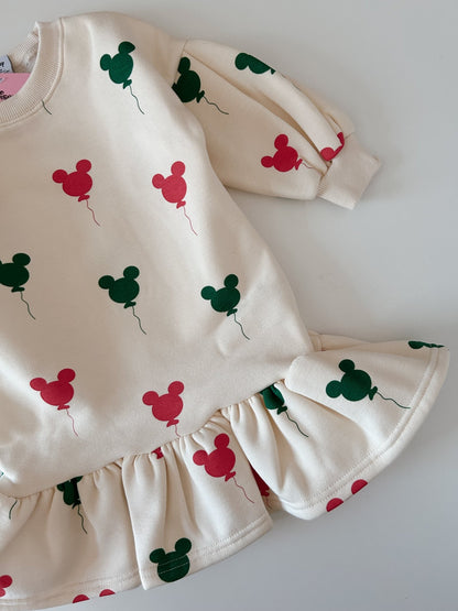 Toddler Holiday Micky Balloon Print Brushed Fabric Ruffled Hem Dress (15m - 7y) - Cream kids outfit
