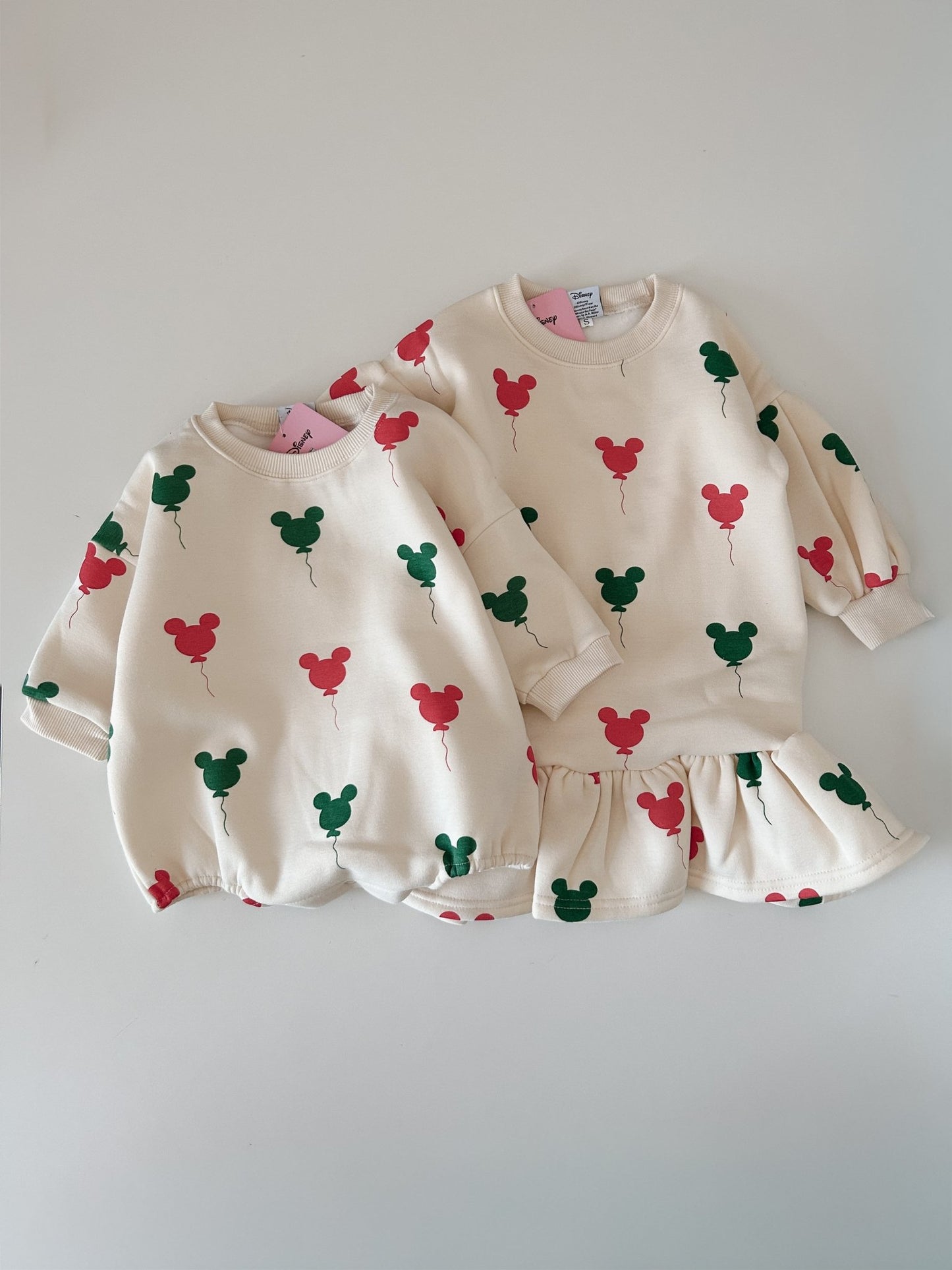 Toddler Holiday Micky Balloon Print Brushed Fabric Ruffled Hem Dress (15m - 7y) - Cream kids outfit