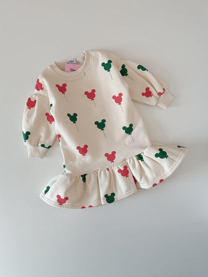 Toddler Holiday Micky Balloon Print Brushed Fabric Ruffled Hem Dress (15m - 7y) - Cream kids outfit