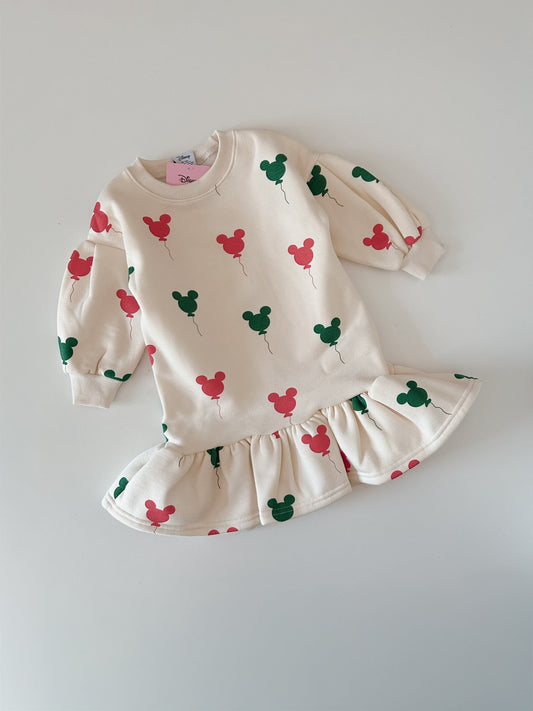 Toddler Holiday Micky Balloon Print Brushed Fabric Ruffled Hem Dress (15m - 7y) - Cream kids outfit