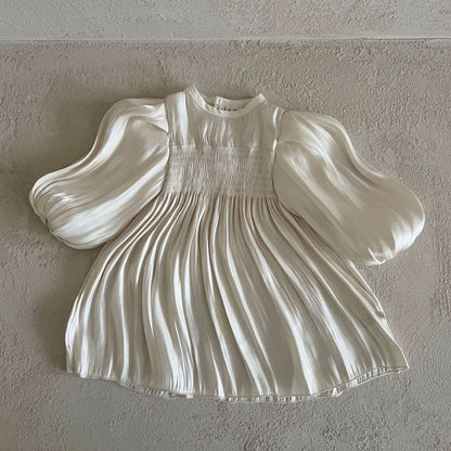 Toddler Lala Smocked Bodice Long Sleeve Satin Dress (1 - 6y) - Ivory kids outfit