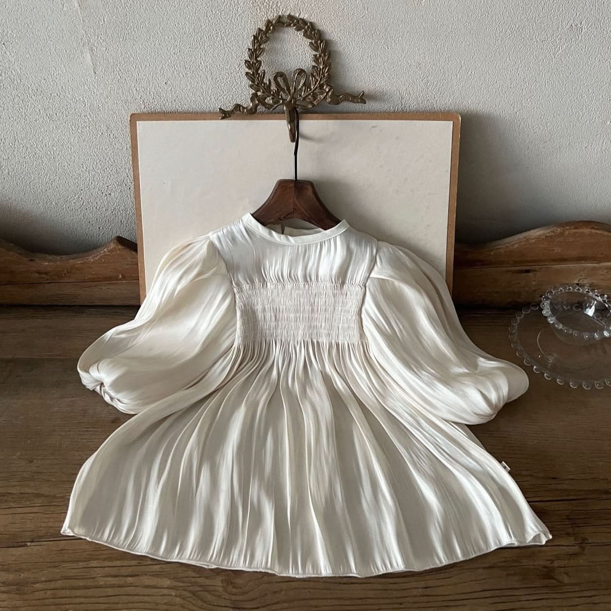 Toddler Lala Smocked Bodice Long Sleeve Satin Dress (1 - 6y) - Ivory kids outfit
