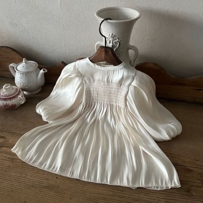 Toddler Lala Smocked Bodice Long Sleeve Satin Dress (1 - 6y) - Ivory kids outfit