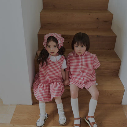 Toddler Land SS26 Peter Pan Collar Plaid Short Sleeve Shirt (1 - 6y) - Red - AT NOON STORE