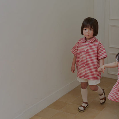 Toddler Land SS26 Peter Pan Collar Plaid Short Sleeve Shirt (1 - 6y) - Red - AT NOON STORE