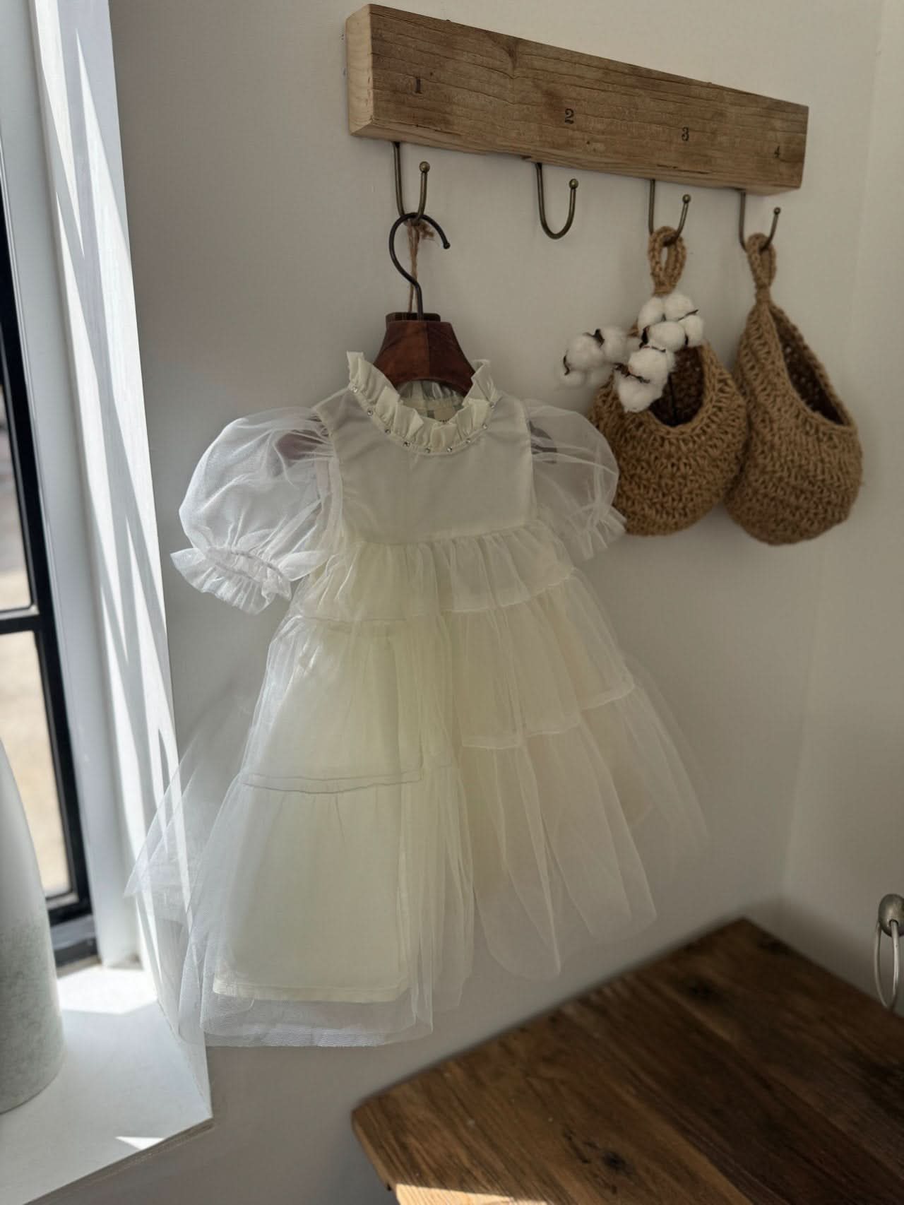 Toddler Marron Short Puff Sleeve Organza Dress (8m - 6y) - 2 Colors kids outfit