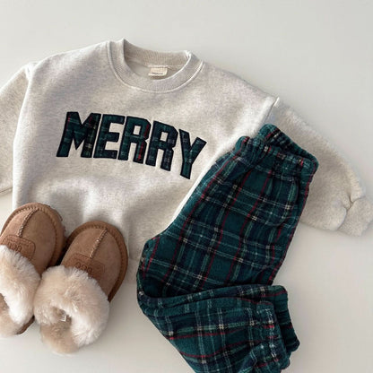 Toddler Merry Patch Embroidery Sweatshirt and Tartan Fleece Jogger Pants Set (6m - 9y) - 2 Colors kids outfit