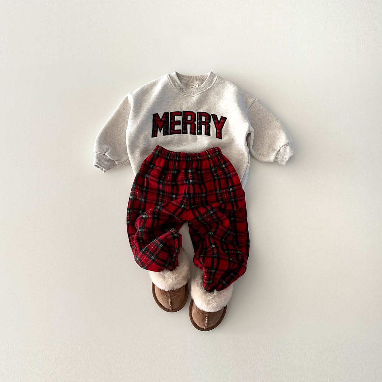 Toddler Merry Patch Embroidery Sweatshirt and Tartan Fleece Jogger Pants Set (6m - 9y) - 2 Colors kids outfit