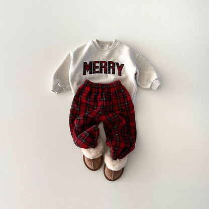 Toddler Merry Patch Embroidery Sweatshirt and Tartan Fleece Jogger Pants Set (6m - 9y) - 2 Colors kids outfit