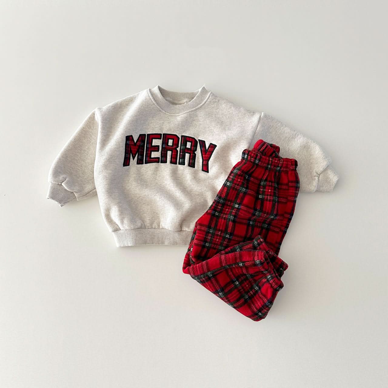 Toddler Merry Patch Embroidery Sweatshirt and Tartan Fleece Jogger Pants Set (6m - 9y) - 2 Colors kids outfit