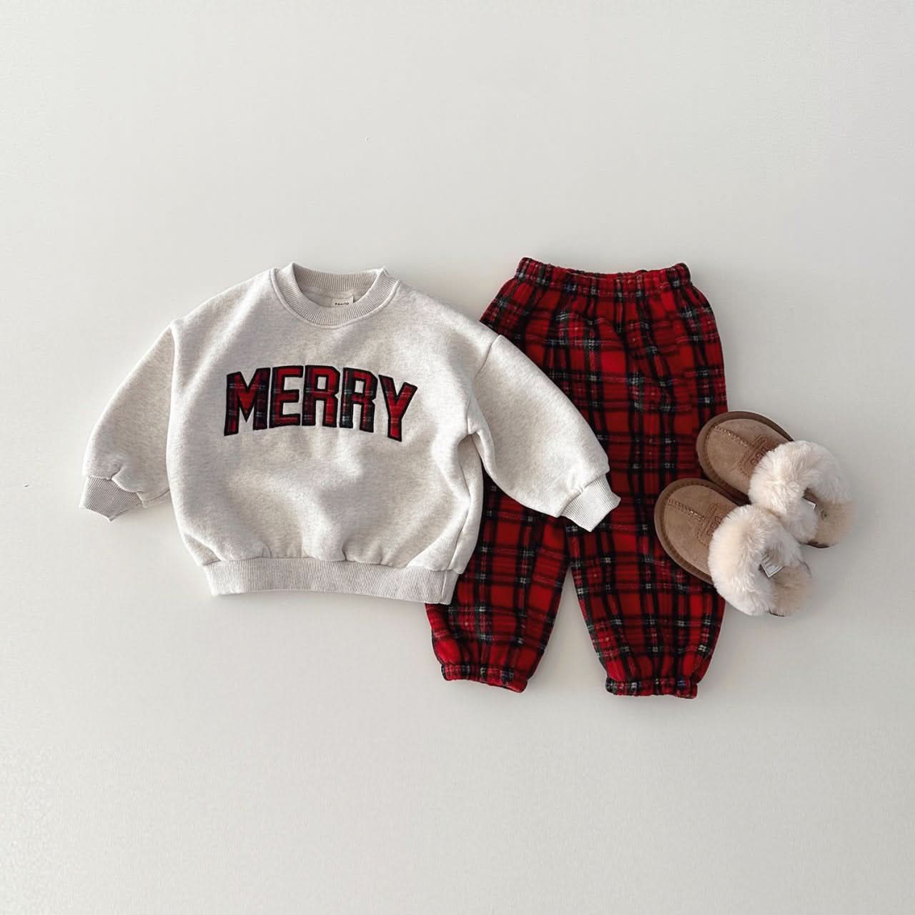 Toddler Merry Patch Embroidery Sweatshirt and Tartan Fleece Jogger Pants Set (6m - 9y) - 2 Colors kids outfit