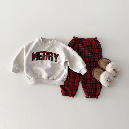 Toddler Merry Patch Embroidery Sweatshirt and Tartan Fleece Jogger Pants Set (6m - 9y) - 2 Colors kids outfit