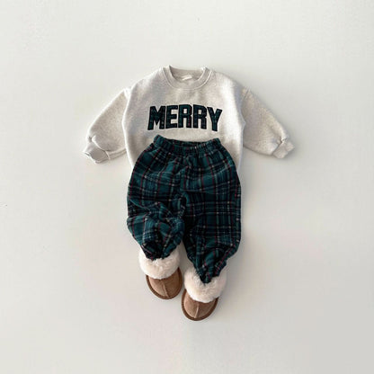 Toddler Merry Patch Embroidery Sweatshirt and Tartan Fleece Jogger Pants Set (6m - 9y) - 2 Colors kids outfit