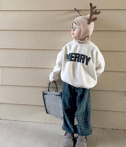 Toddler Merry Patch Embroidery Sweatshirt and Tartan Fleece Jogger Pants Set (6m - 9y) - 2 Colors kids outfit