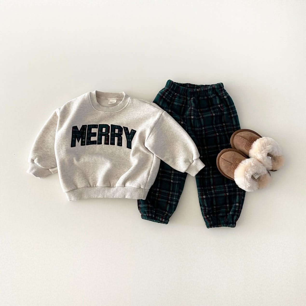 Toddler Merry Patch Embroidery Sweatshirt and Tartan Fleece Jogger Pants Set (6m - 9y) - 2 Colors kids outfit