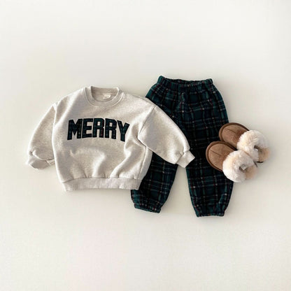 Toddler Merry Patch Embroidery Sweatshirt and Tartan Fleece Jogger Pants Set (6m - 9y) - 2 Colors kids outfit