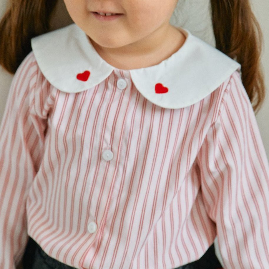 Toddler Milk F25 Heart Embroidery Collar Stripe Shirt (1 - 7y) - Blue kids outfit