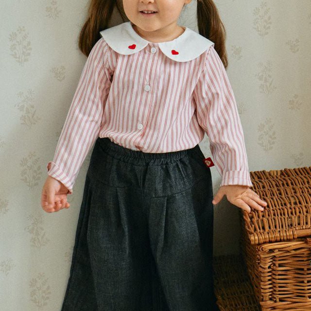 Toddler Milk F25 Heart Embroidery Collar Stripe Shirt (1 - 7y) - Blue kids outfit
