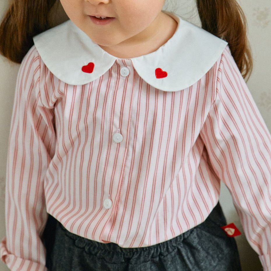 Toddler Milk F25 Heart Embroidery Collar Stripe Shirt (1 - 7y) - Blue kids outfit