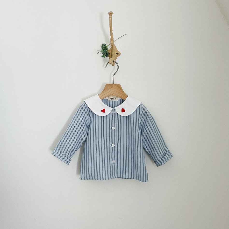 Toddler Milk F25 Heart Embroidery Collar Stripe Shirt (1 - 7y) - Blue kids outfit