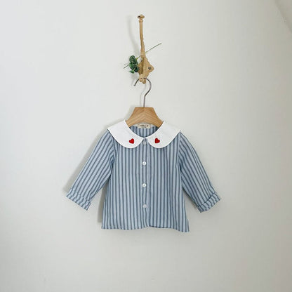 Toddler Milk F25 Heart Embroidery Collar Stripe Shirt (1 - 7y) - Blue kids outfit