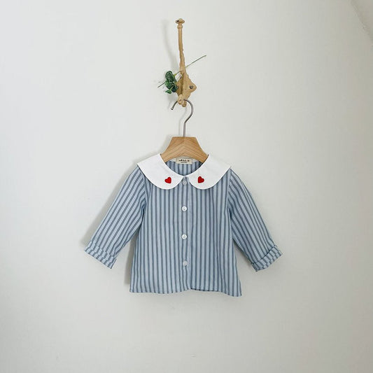 Toddler Milk F25 Heart Embroidery Collar Stripe Shirt (1 - 7y) - Blue kids outfit