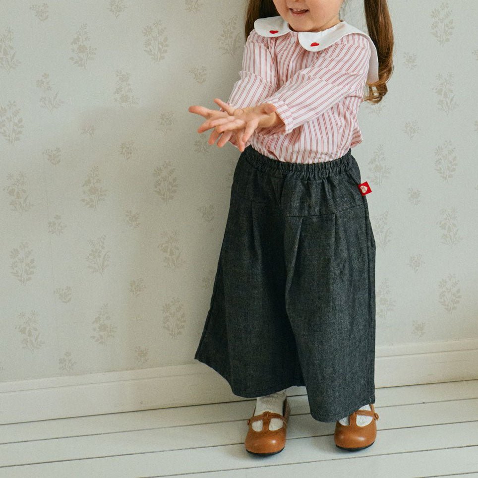 Toddler Milk F25 Heart Embroidery Collar Stripe Shirt (1 - 7y) - Blue kids outfit