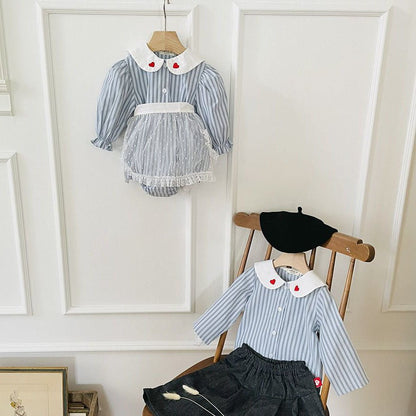 Toddler Milk F25 Heart Embroidery Collar Stripe Shirt (1 - 7y) - Blue kids outfit
