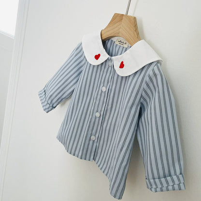 Toddler Milk F25 Heart Embroidery Collar Stripe Shirt (1 - 7y) - Blue kids outfit