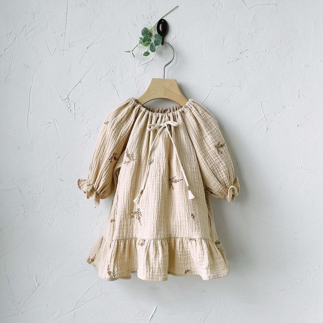Toddler Milk Knot Tassel Bow Flower Embroidery Dress (1 - 6y) - Cream kids outfit