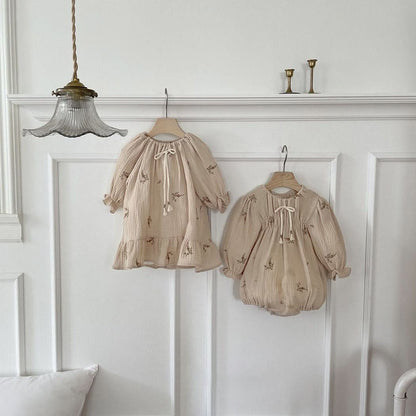 Toddler Milk Knot Tassel Bow Flower Embroidery Dress (1 - 6y) - Cream kids outfit