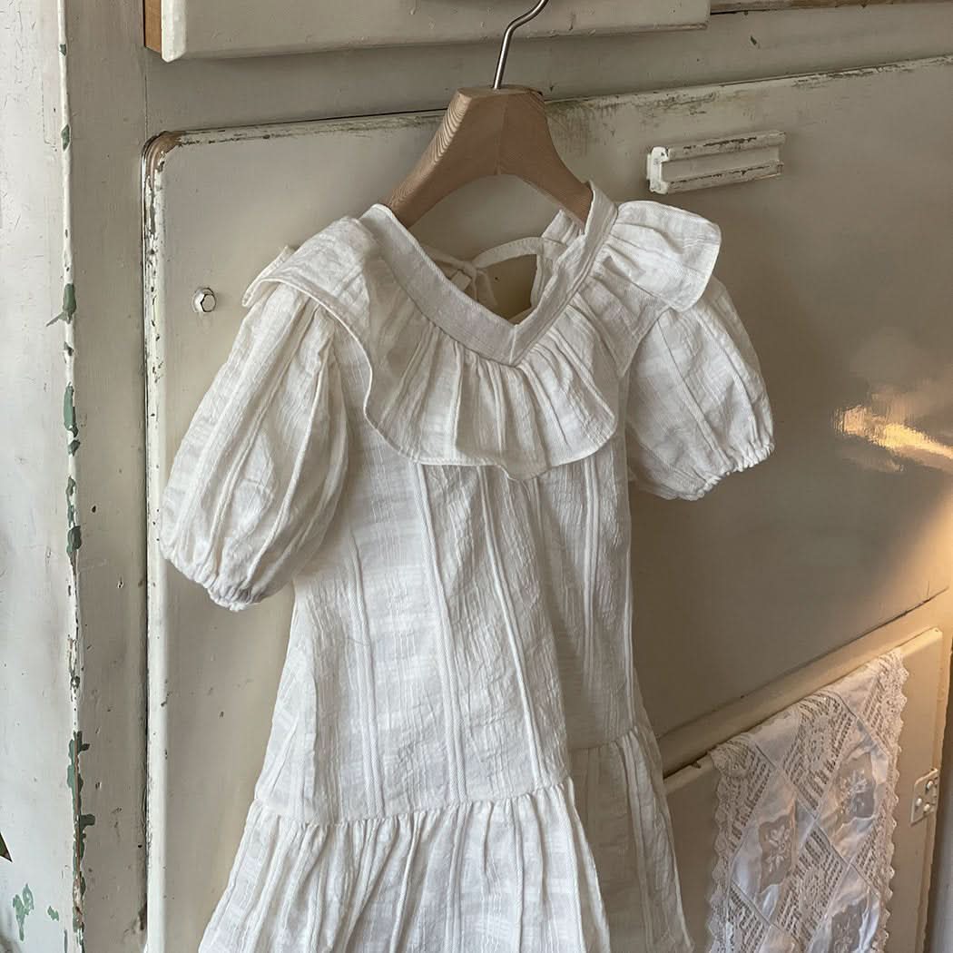Toddler Milk Ruffle V - Neck Tie Back Dress (3m - 5y) - Cream kids outfit