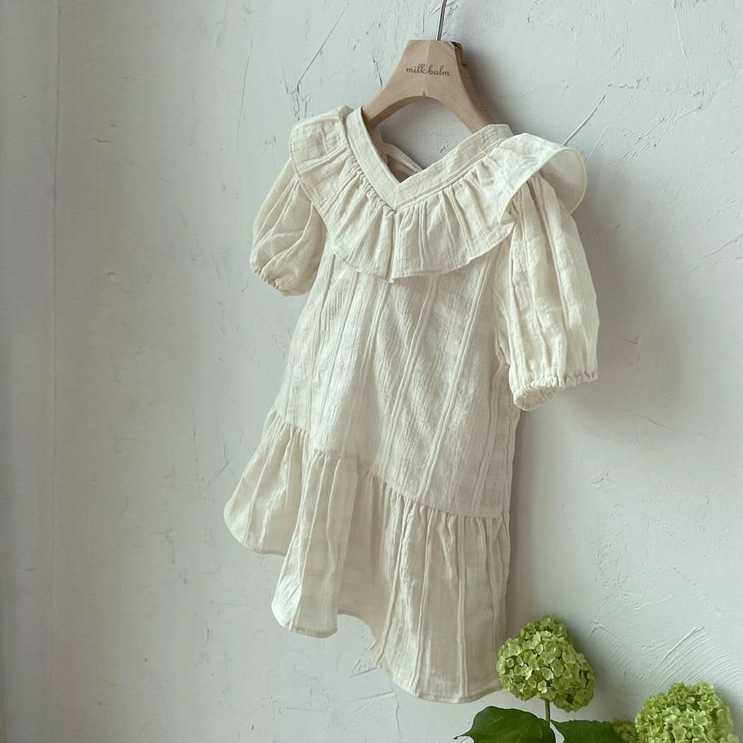 Toddler Milk Ruffle V - Neck Tie Back Dress (3m - 5y) - Cream kids outfit
