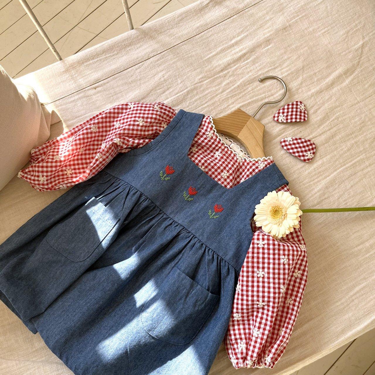 Toddler Milk SP26 Floral Embroidery Gingham Puff Long Sleeve Top (1 - 7y) - Red - AT NOON STORE