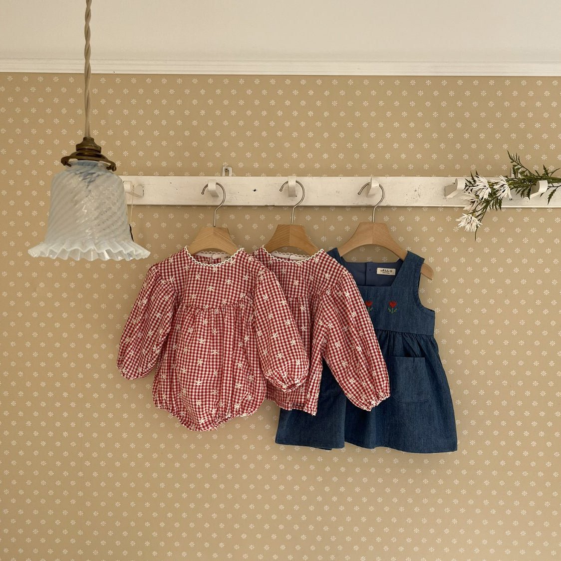 Toddler Milk SP26 Floral Embroidery Gingham Puff Long Sleeve Top (1 - 7y) - Red - AT NOON STORE